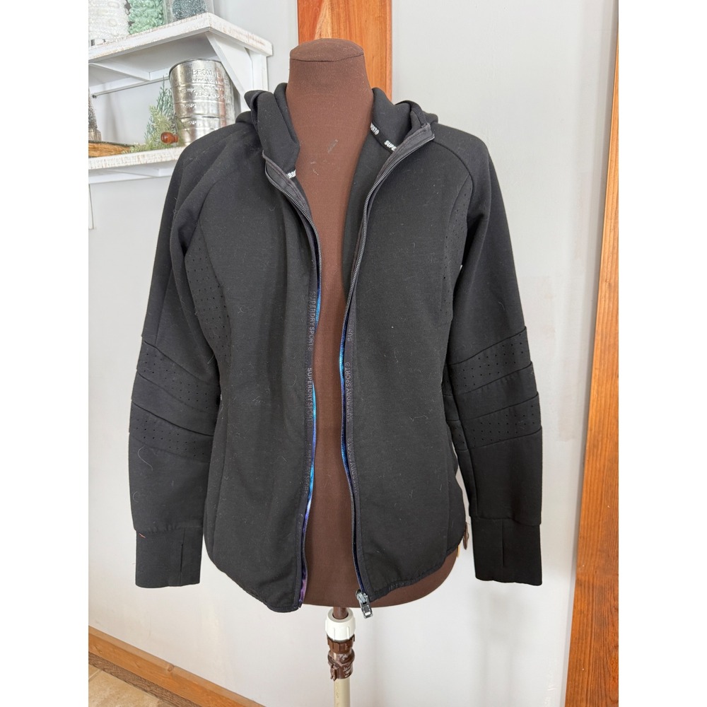 Superdry Sport Black athletic Hoodie Jacket Women's Size 10‎ Perforated Details